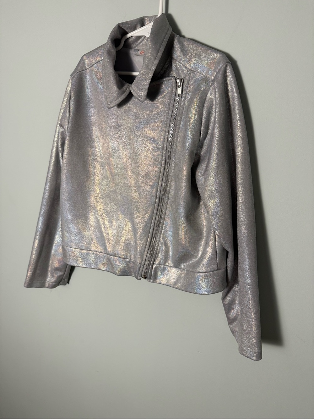 Girls Silver Holographic Asymmetric Zip Jacket Size L